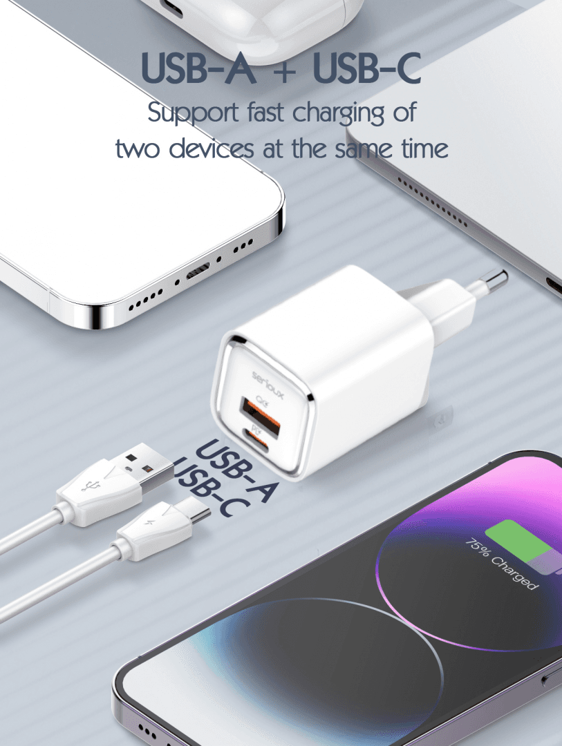 Incarcator retea Serioux 30W Quick Charge, Intrare AC100-240V~ 50/60Hz 0.7A Max, PD Ieșire: 5V-3A, 9V-3A, 12V-2.5A, 15V 2A, 20V=1.5A (30W), QC Ieșire: 5V-3A, 9V-2A, 12V=1.5A (18W), PD+QC=5V=3.6A, Total: 30W Max — miniatură