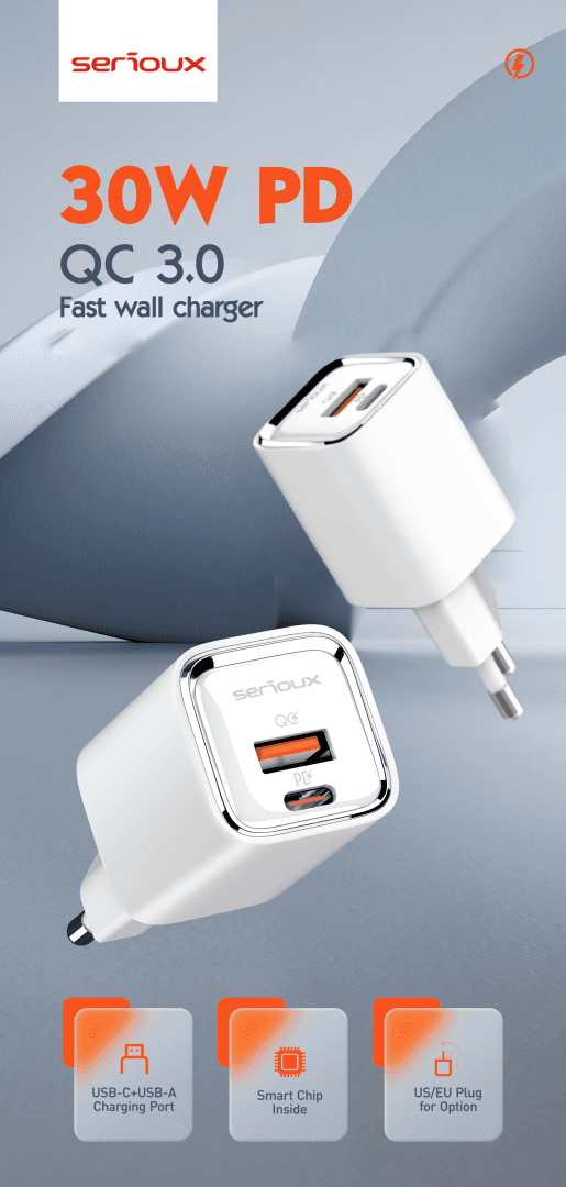 Incarcator retea Serioux 30W Quick Charge, Intrare AC100-240V~ 50/60Hz 0.7A Max, PD Ieșire: 5V-3A, 9V-3A, 12V-2.5A, 15V 2A, 20V=1.5A (30W), QC Ieșire: 5V-3A, 9V-2A, 12V=1.5A (18W), PD+QC=5V=3.6A, Total: 30W Max — miniatură