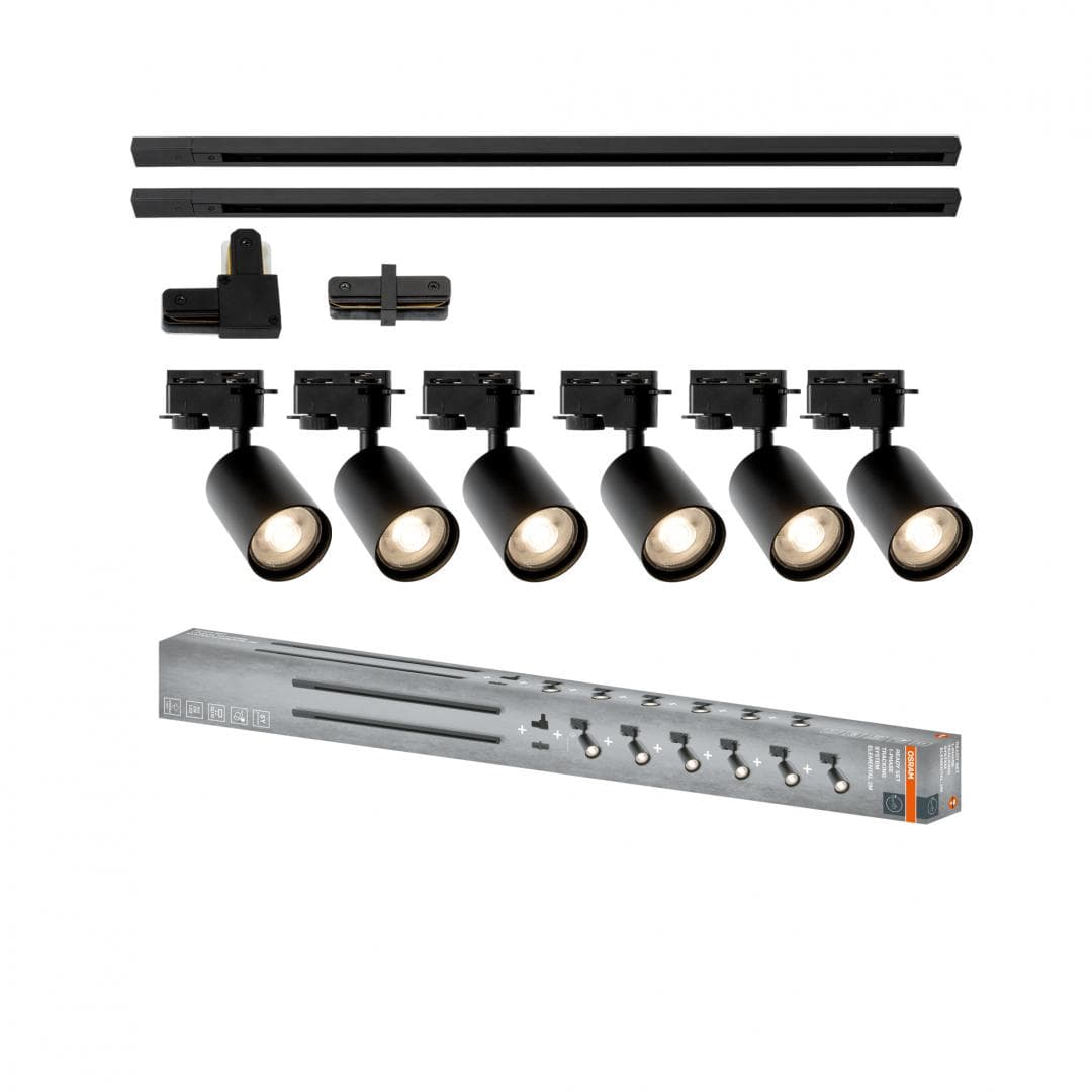 Sistem complet TRACKLIGHT OSRAM Elemental cu 6 proiectoare cu soclu GU10 si 2 sine monofazate de 1 metru, 1 conector liniar, 1 conector tip L, Negru