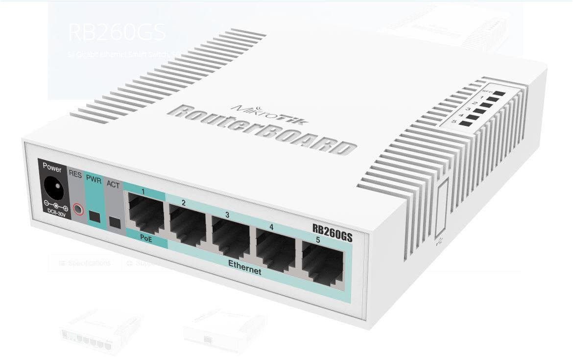MIKROTIK SMALL SOHO SWITCH RB260GS CSS106-1G-1S, 5 X GIGABIT, Dimensiuni: 113x139x28mm, Sistem operare: MikroTik SwOS, 128Kb Flash, Consum maxim: 5W, 5 x 10/100/1000, 1 x SFP.