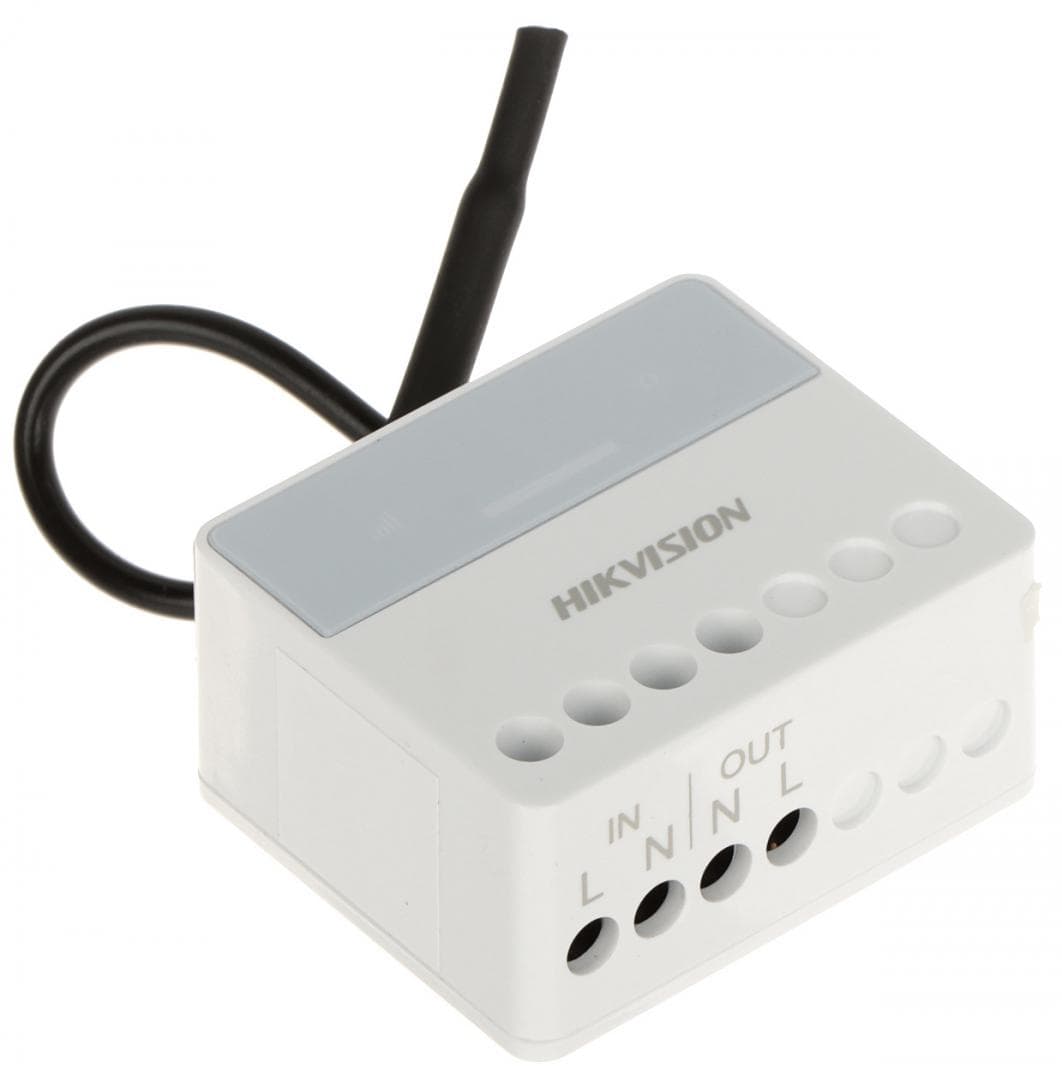 Modul releu AX PRO Hikvision DS-PM1-O1H-WE, 1 x output NO/NC (AC 100~240 V, Max 13A), comunicare 868 MHz two-way wireless, criptare AES-128, distanta de comunicare RF: 1600m, in camp deschis, 1x buton invatare( pentru inregistrare), 3 x Led stare: Register/Signal (Green/Red), Power (Green), Relay