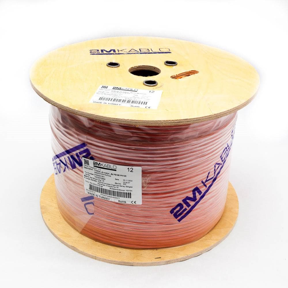 "Cablu incendiu JEH(St)H...Bd FE180 PH120 2x2x0.8 mm+0.8, rezistenta la foc 120 minute, compatibilitate E30/E90producator 2M Kablo, 3T00000109-500Diametru fir: 0.8mmConductor: perechi torsadate cu protectie din fibra de sticla, cupru 100%Culori fire: conform -VDE0815Manta: Halogen free, si — miniatură