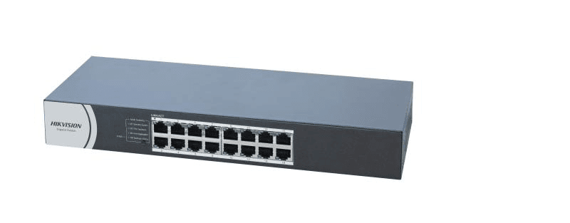 Switch Hikvision DS-3E0516R-O: 16 × 10/100/1000 Mbps RJ45 Port, tensiune alimentare: 100-240 VAC, 50/60 Hz, Max. 0.3 A, dimensiuni: 327.00 mm × 44.00 mm × 118.00 mm, greutate: 0.9kg, montare in rack.