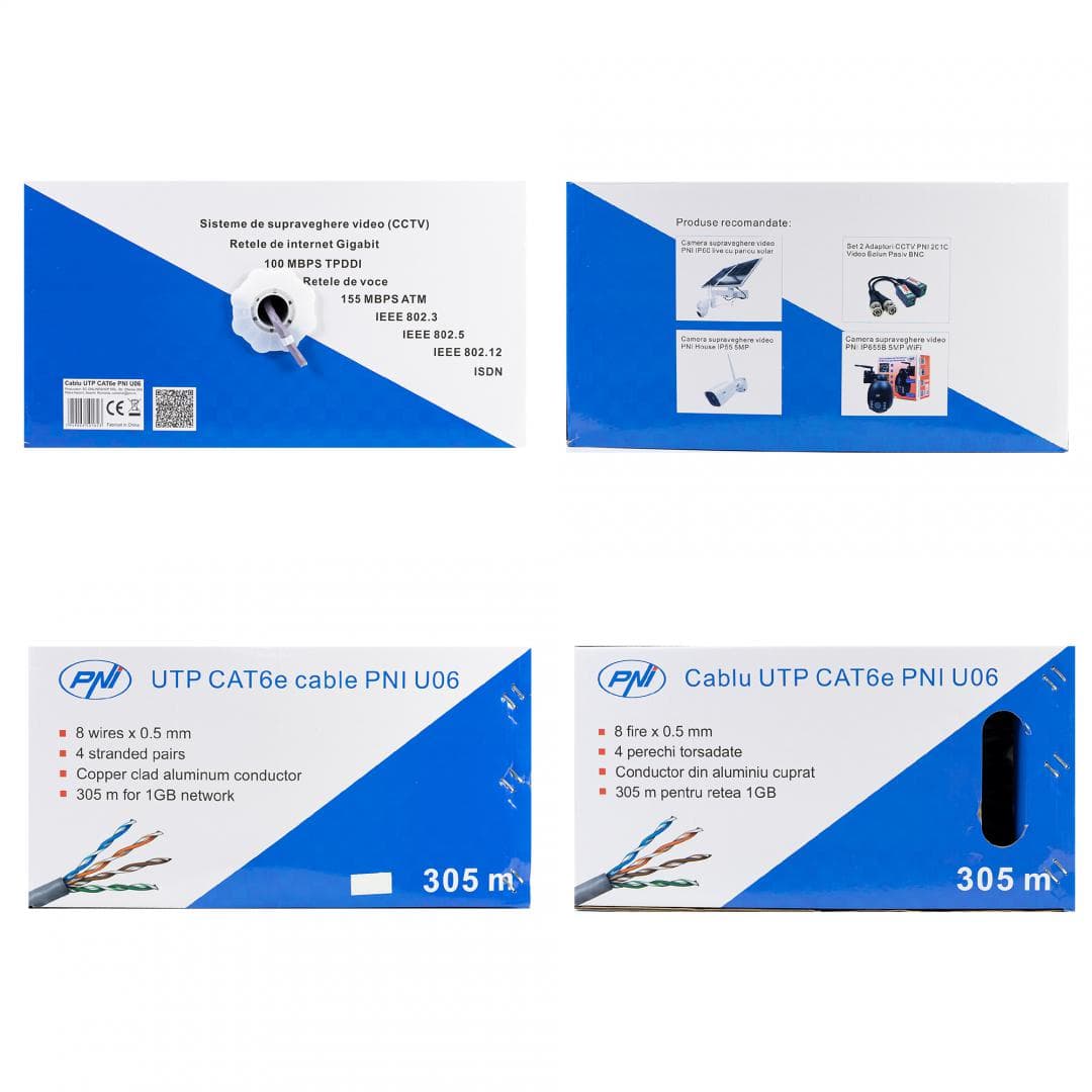 Cablu UTP CAT6 PNI U06 cu 4 perechi pentru internet 1 Gigabit si sisteme de supraveghere Rola 305m — miniatură
