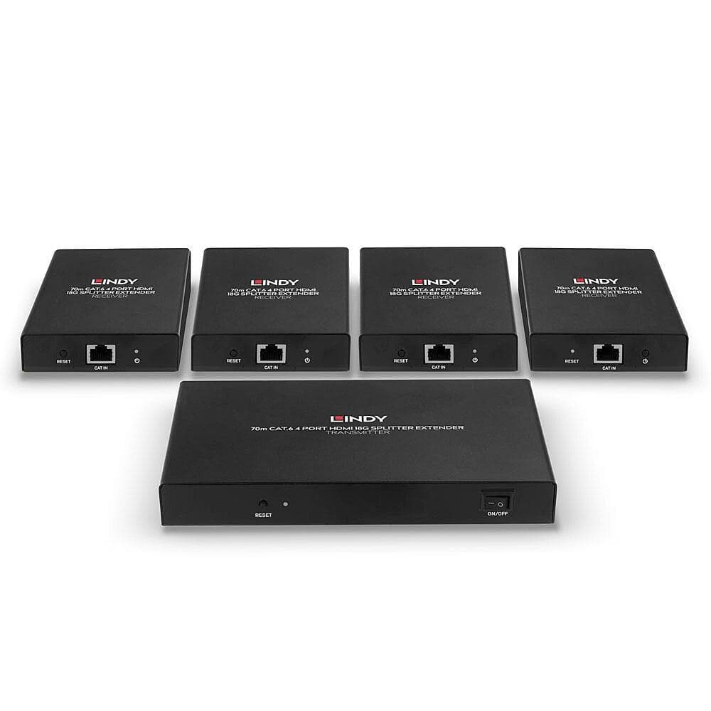 Lindy 70m 4 Port Cat.6 HDMI 4K60 Splitter Extender Description Distribute 4K HDMI signals to up to 4 displays in multiple locations Supports resolutions up to 4K@60Hz, with additional support for HDR Features a loop-through HDMI output on the transmitter for local monitoring or cascading for — miniatură