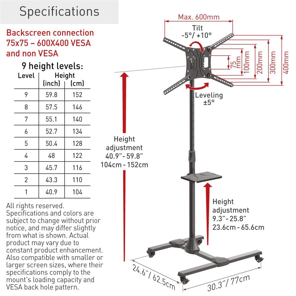 Suport Mobil de podea pentru TV plat/curbat Barkan + raft metal pentru laptop, 32" - 86", VESA 600x400mm, suporta pana la 50kg, Negru — miniatură