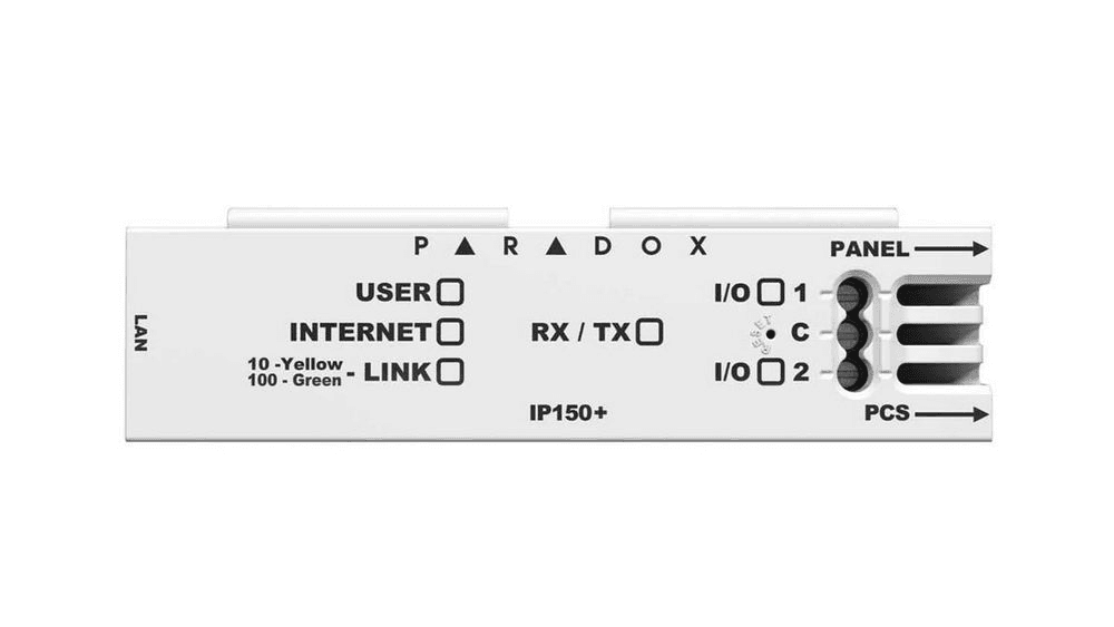 Modul internet Paradox IP150+MQ pentru centrale EVO, Spectra SP, MG5000/5050/5075 Suport catre statiile centrale IPR512 si IPRS-7 Criptare MD5 si RC4 Actualizare firmware de la distanta Notificari prin email securizat (SSL) Alimentare prin portul serial al centralei Dimensiuni: 10.9 × 2.7 × 2.2 cm