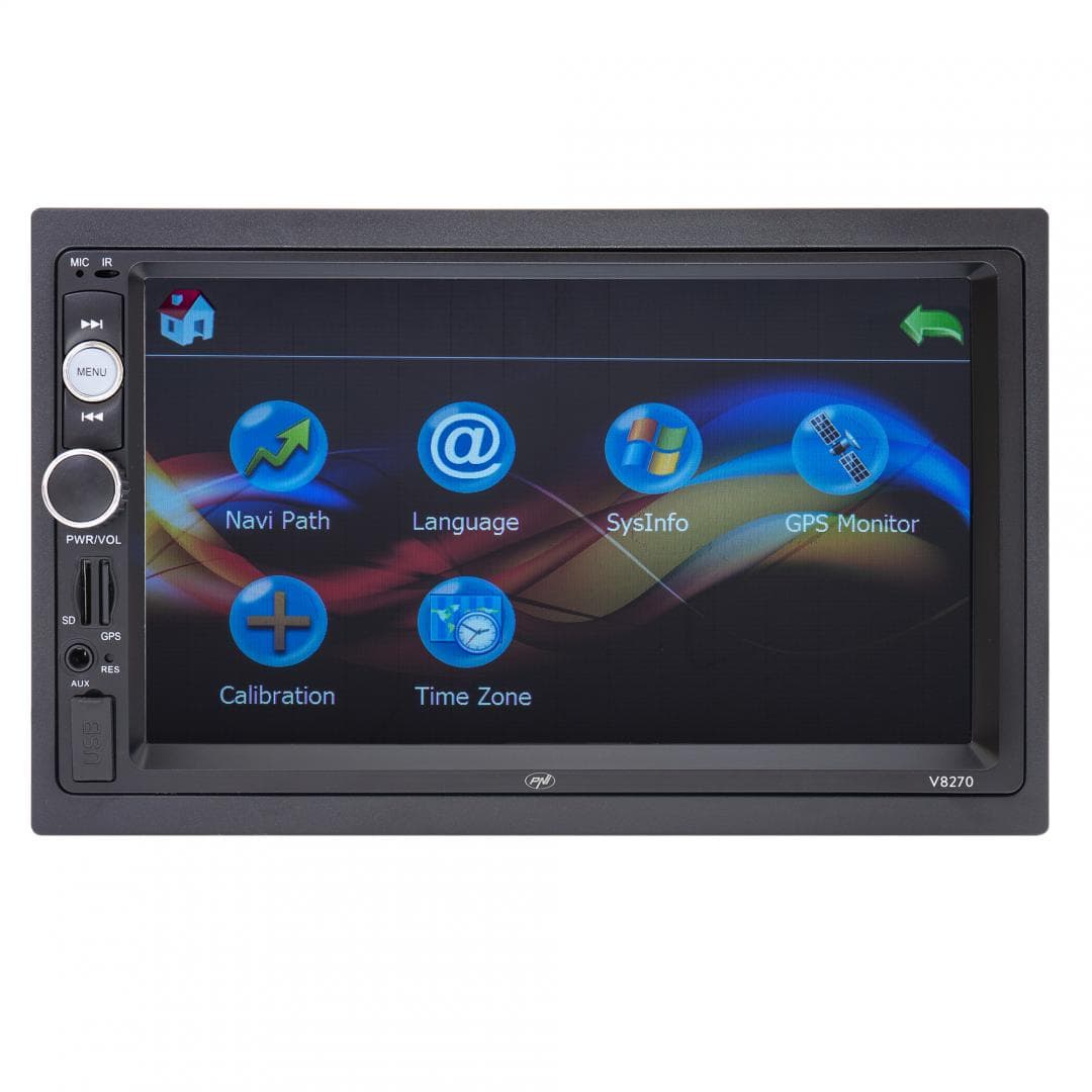 Navigatie multimedia PNI V8270 2 DIN cu GPS MP5, touch screen 7 inch, radio FM, Bluetooth, Mirror Link, AUX, USB, microSD, Culoare: negru, 7", Rezolutie: 1920 x 1080px, Aspect: 16:9, Formate acceptate: DVD, VCD, CD, CD-R, MP3, JPEG, WMA, Procesor: 500 MHz, Bluetooth, format audio: MP3, WMA, WAV — miniatură