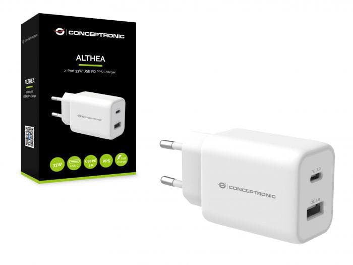 Incarcator Retea CONCEPTRONIC ALTHEA 2-Port 33W USB PD PPS Charger, QC 3.0, 33W, 2 porturi, Alb — miniatură