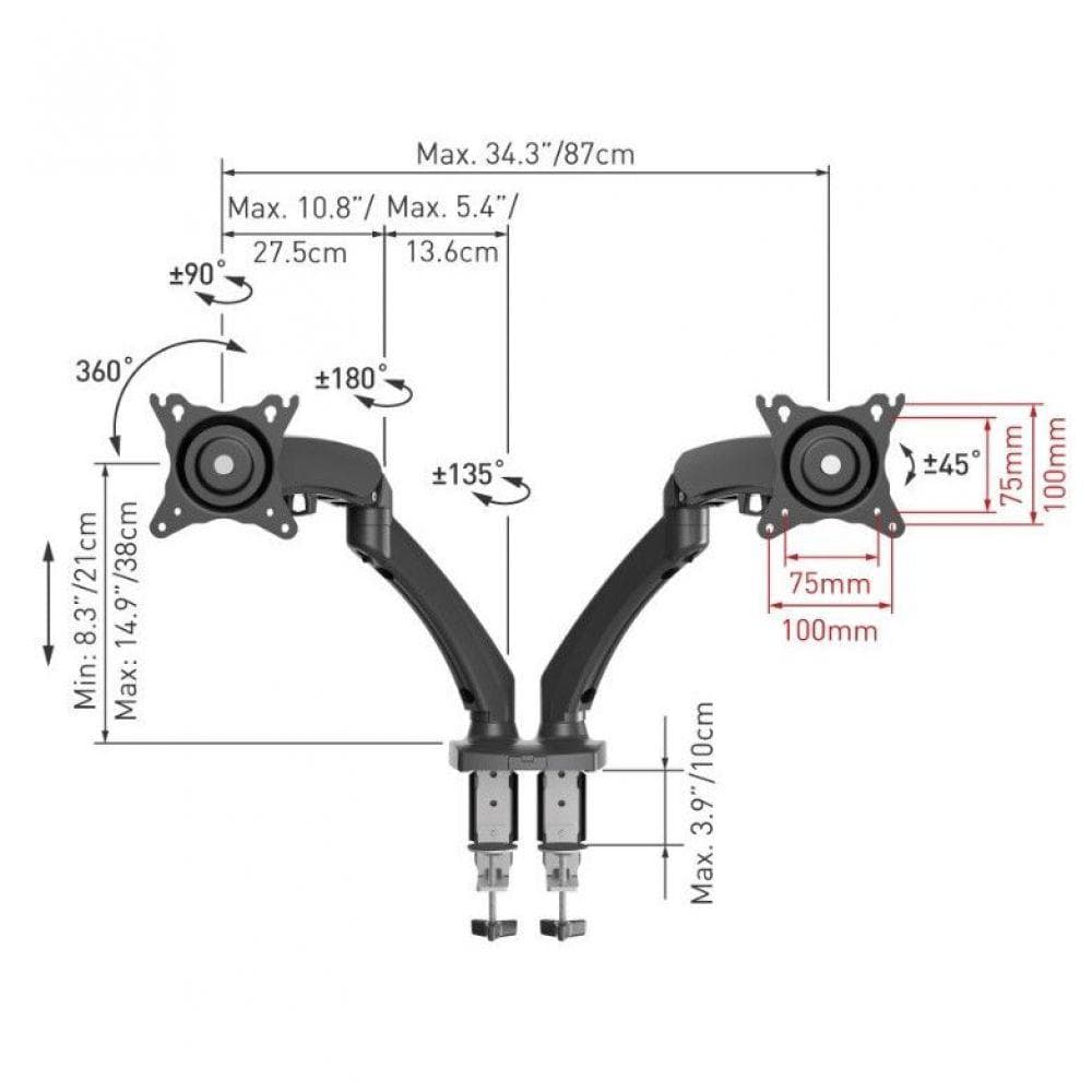 Suport Monitor de Birou Dublu, BARKAN M142P, 13" - 29", VESA 75x75, suporta pana la 6kg, negru — miniatură