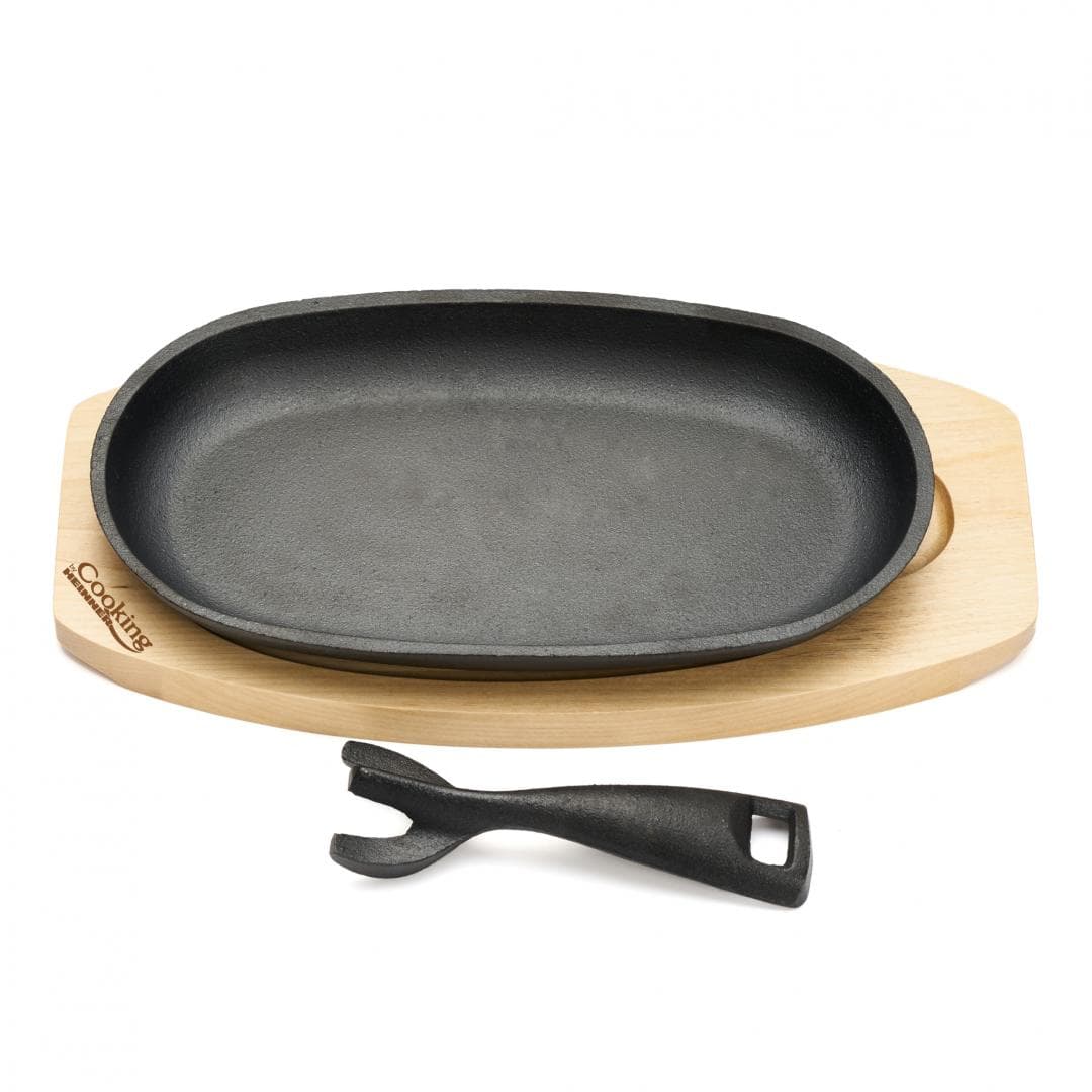PLATOU SERVIRE OVAL, 24X14 CM, FONTA PURA, CU MANER DETASABIL SI BAZA DIN LEMN,COOKING BY HEINNER — miniatură
