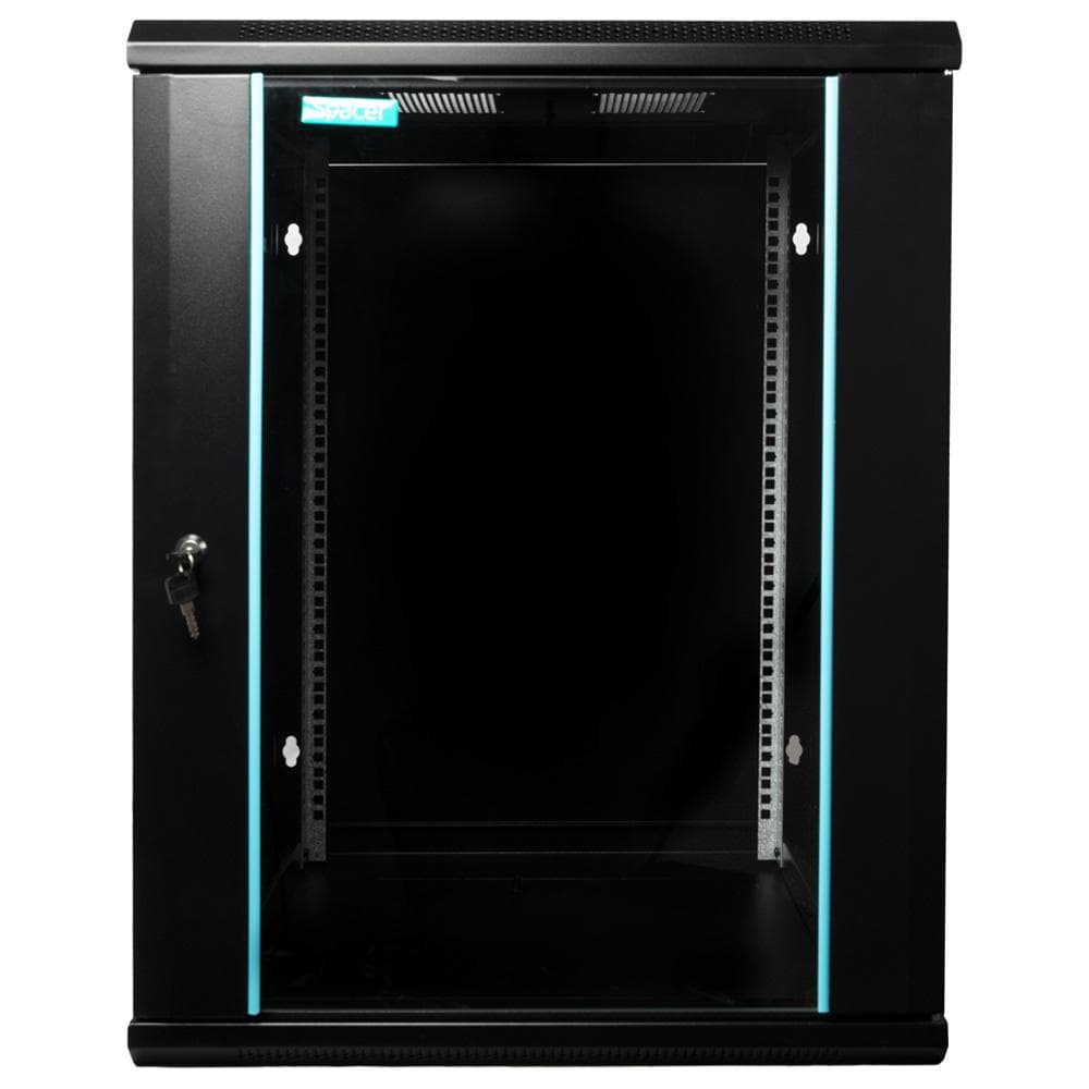CABINET 19″ SPACER 15U 600x600mm, fixare pe perete, Flatpack (dezasamblat), Black, usa sticla cu blocare, panouri detasabile, otel 1.5mm, sarcina maxima 60Kg