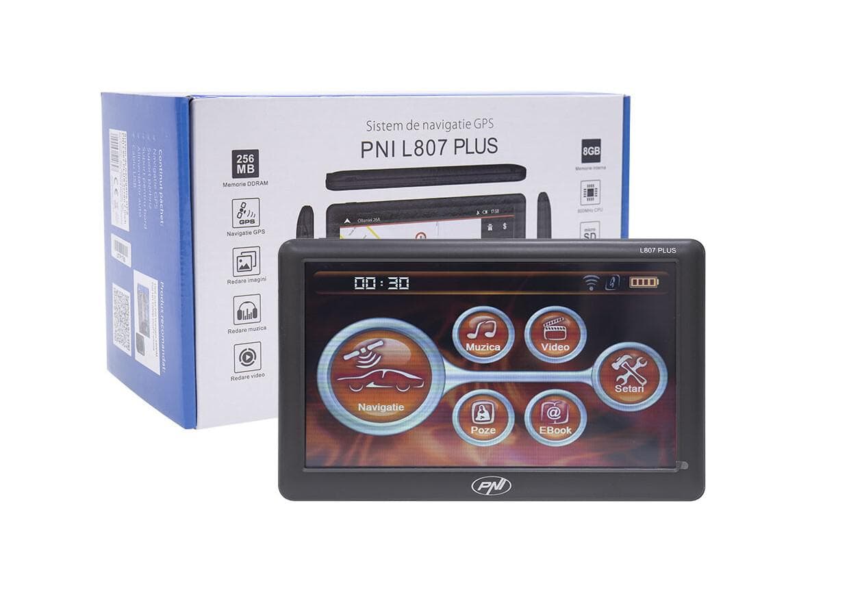 Sistem de navigatie GPS PNI L807 PLUS ecran 7 inch, 800 MHz, 256MB DDR, 8GB memorie interna, FM transmitter, Sistem de operare: Windows CE 6.0, Touchscreen, Rezoluţie ecran: 800 x 480 pixeli, Frecvenţă procesor: 800 Mhz, Card SD/MMC maxim: 32GB, Acumulator incorporat: 1600 mAh
