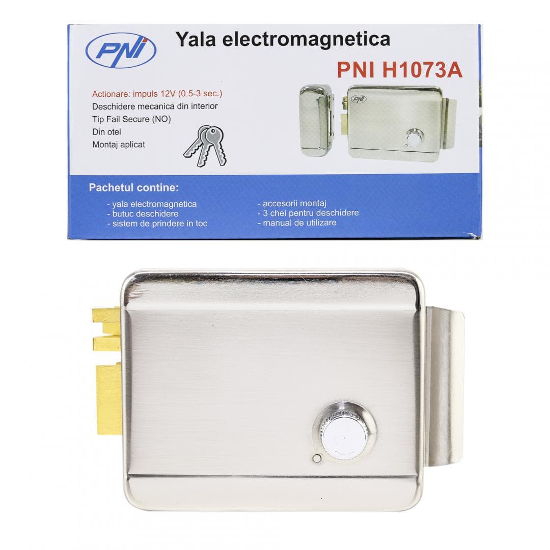 PNI Yala electromagnetica H1073A din otel, cu butuc Fail Secure NO, Se potriveste solutiilor de interfon cu intercom sau sistemelor de control acces, Alimentare: 12V, 1A, carcasa din otel inoxidabi, Dust proof, Watwr resistant 100l/min, Dimensiuni: 129x105x39mm, greutate: 1117g, 3 chei.