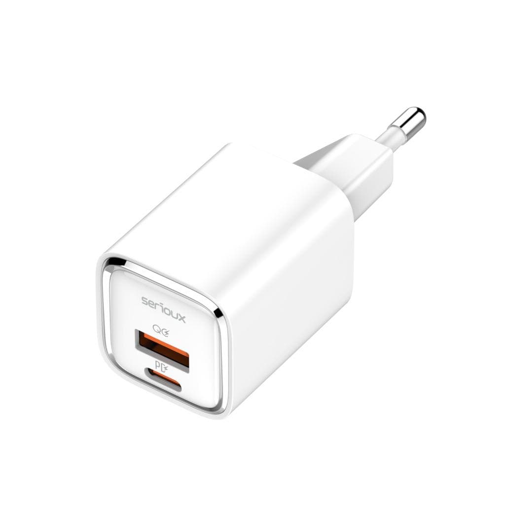 Incarcator retea Serioux 30W Quick Charge, Intrare AC100-240V~ 50/60Hz 0.7A Max, PD Ieșire: 5V-3A, 9V-3A, 12V-2.5A, 15V 2A, 20V=1.5A (30W), QC Ieșire: 5V-3A, 9V-2A, 12V=1.5A (18W), PD+QC=5V=3.6A, Total: 30W Max — miniatură