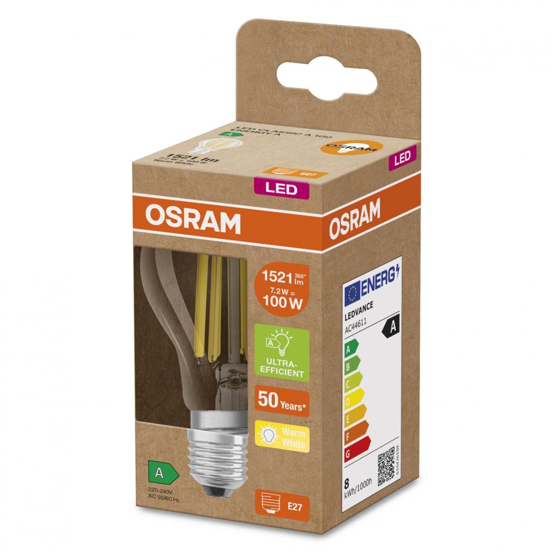 Bec LED Osram Classic A60, Ultra Efficient Light, E27, 7.2W (100W), 1521 lm, lumina calda (3000K), cu filament — miniatură