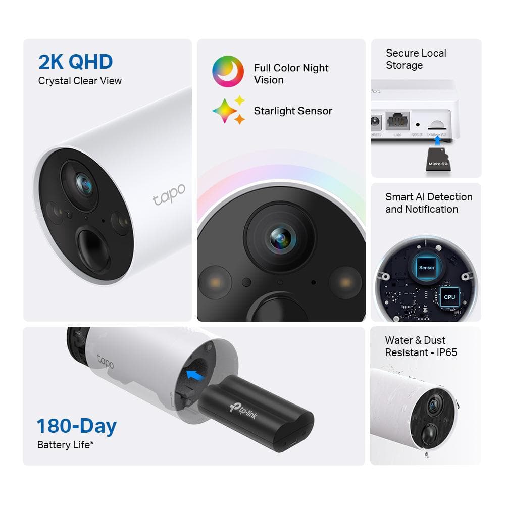 tp-lINK TAPO C420 Cameră de supraveghere cu acumulatori, Senzor imagine: 1/3", Lentile: F/NO: 1.61±10%; Focal Length: 3.18mm±5%, IR 15m, Unghi vizualizare: 113°, Rezolutie: 2K QHD (2560 × 1440 px), Microfon și difuzor integrate, Protocol Wi-Fi: IEEE 802.11b/g/n, 2.4 GHz, Detectarea mișcării — miniatură