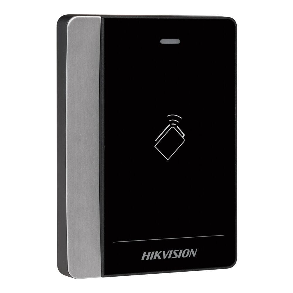 Cititor de carduri Hikvision DS-K1102AM, Pro series, suporta caduri Mifare frecventa: 13.56 MHz, conectivitate: RS-485 si protocol Wiegand (W26/ W34), distanta de citire: ≤ 50 mm, LED stare, beeper, Watchdog, alimentare: 12 VDC, dimensiuni: 121 mm × 86.5 mm × 14 mm, IP64, greutate: 0.140 kg
