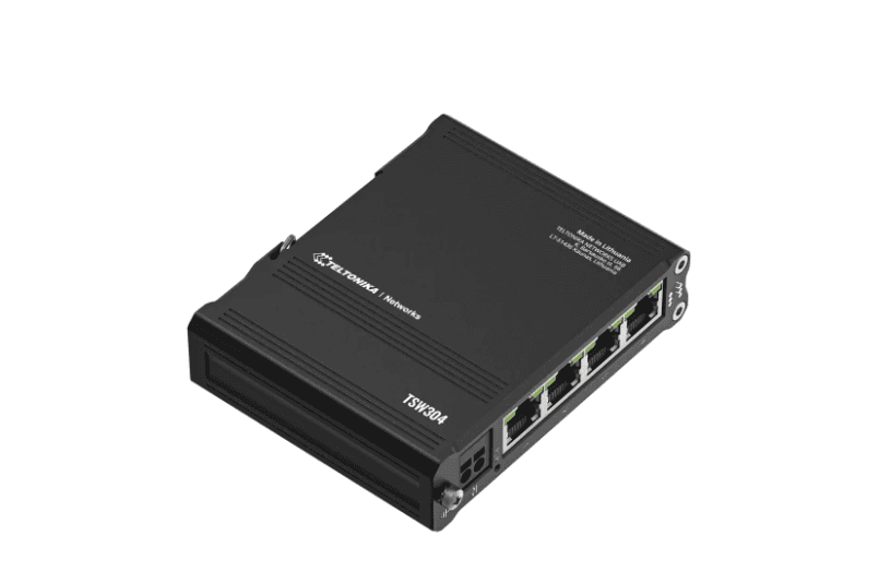 TELTONIKA 4PORT UNMANAGED DIN RAIL SWITCH TSW304, Interfata: 4 x ETH ports, 10/100/1000 Mbps, supports auto MDI/MDIX crossover, Standarde retea: 802.3i, 802.3u, 802.3ab, 802.3x, 802.3az, 802.3ad, Latime de banda: 8 Gbps, Carcasa aluminiu, Dimensiuni: 102 x 25 x 81.5 mm, Greutate: 210g, IP30 — miniatură