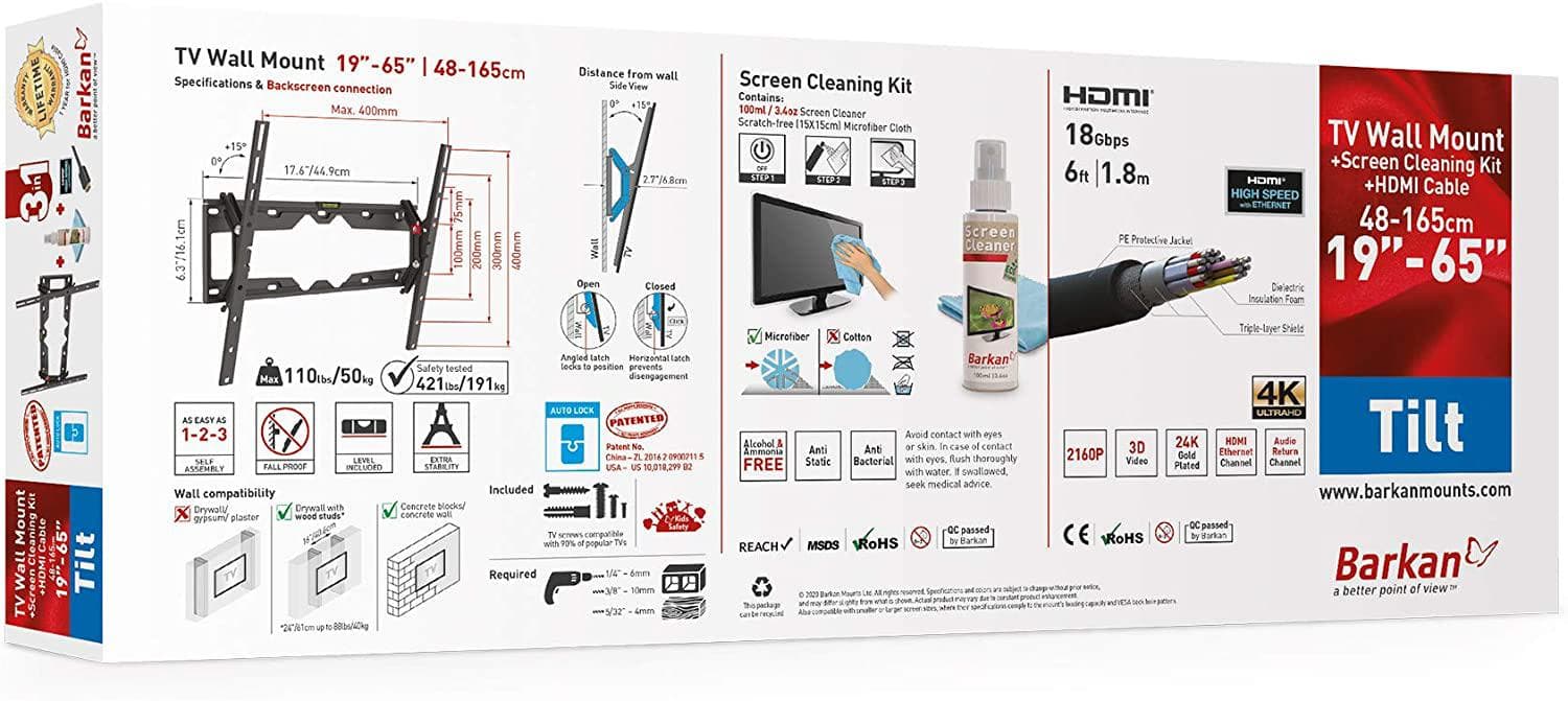 Suport TV de perete, Barkan CM310+.B, Fix, 19"- 65", VESA 400 x 400 mm, suporta pana la 50kg, negru — miniatură