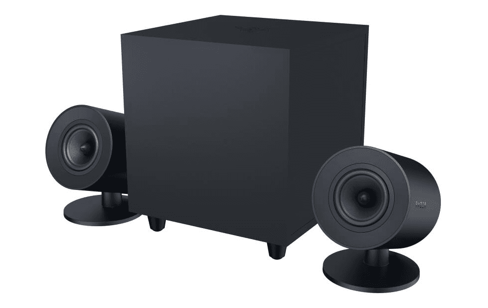 Gaming speakers 2.0 Razer Nommo V2 (+ subwoofer) - THX Spatial Audio (Advanced 7.1 surround sound) - Rear projection Razer Chroma RGB lighting - Down-Firing subwoofer with 5.5" driver - Razer wireless control Pod Ready - Cross platform compatibility (PC, PlayStation 4 and 5* via USB, or paired to