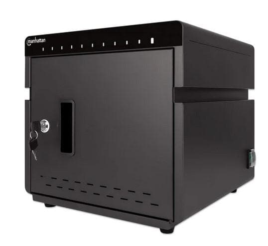 Statie de incarcare Manhattan 715942 pentru tablete si telefoane cu display de pana la 10", suporta pana la 10 dispozitive, tip port USB-C PD, putere totala 180, 18W per port, cu protectie la supratensiune, ventilatie silentioasa, carcasa de metal, negru. Nu contine cablul de alimentare si alte