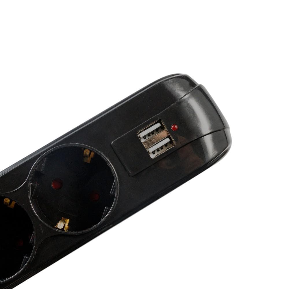 PRELUNGITOR SPACER, Schuko x 5, conectare prin Schuko (T), USB x 2, cablu 3 m, 16 A, max. 3500W, protectie supratensiune, negru — miniatură