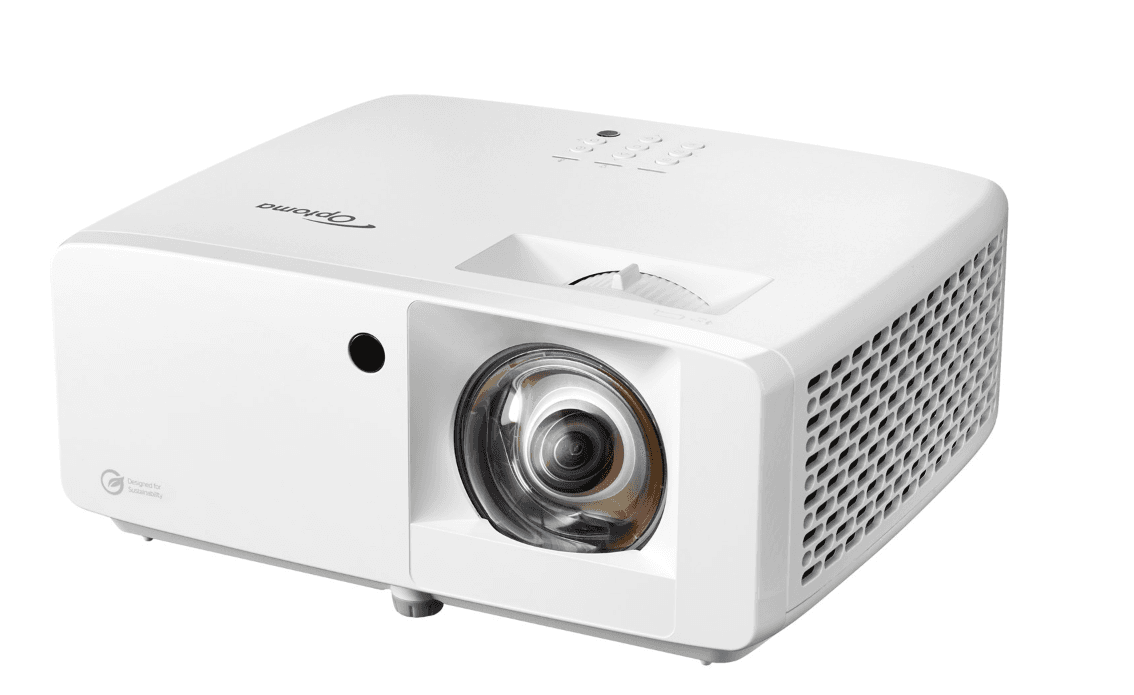 Videoproector Optoma UHZ35ST, UHD 3840*2160, 3.500 lumeni, 500.000:1, 16:9/ 4:3/ 16:10, laser 30.000 ore, distanta maxima de proiectie 3.3m, 2 * HDMI, Audio 3.5mm, USB-A power 1.5A, RS232, RJ45, 28dB-35dB, Security bar, Kensington Lock, protejare cu parola, IP6X, telecomanda cu baterii incluse, boxa — miniatură