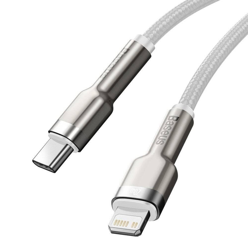 CABLU alimentare si date Baseus Cafule Metal, Fast Charging Data Cable pt. smartphone, USB Type-C la Lightning Iphone PD 20W, brodat, 1m, alb — miniatură