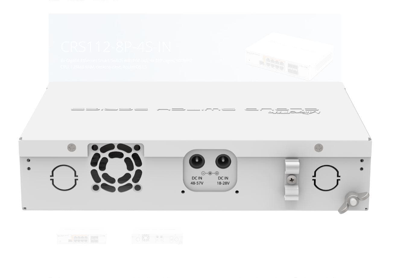 MikroTik Cloud Router Switch 112-8P-4S-IN with QCA8511 400Mhz CPU, 128MBRAM, 8xGigabit LAN with PoE-out, 4xSFP, RouterOS L5, desktop case, PSU — miniatură