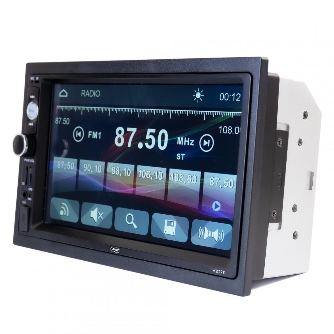 Navigatie multimedia PNI V8270 2 DIN cu GPS MP5, touch screen 7 inch, radio FM, Bluetooth, Mirror Link, AUX, USB, microSD, Culoare: negru, 7", Rezolutie: 1920 x 1080px, Aspect: 16:9, Formate acceptate: DVD, VCD, CD, CD-R, MP3, JPEG, WMA, Procesor: 500 MHz, Bluetooth, format audio: MP3, WMA, WAV — miniatură