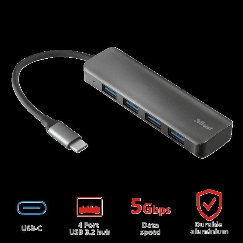 Hub USB Trust Halyx, USB-A, 4 porturi, Negru — miniatură