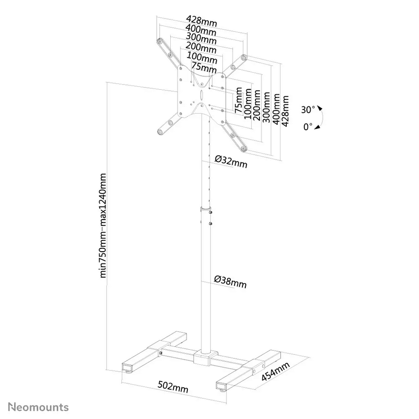 Stand podea mobil/fix Neomounts NS-FS100BLACK; pentru display-uri cu diagonale 10"-55", sistem de prindere VESA 75x75~400x400, greutate maxima suportata 20kg, tilt +30°, rotate 6°, inaltime reglabila manual 750-1240mm; management cabluri, 1 stalp; dimensiuni 502x454x1240; culoare negru. Garantie 5 — miniatură