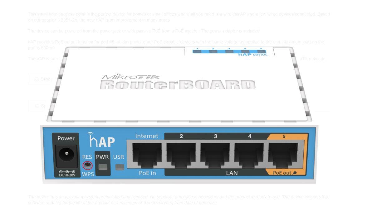WIRELESS ACCESS POINT MIKROTIK RB951UI-2ND, hAP, 5xLAN Fast Ethernet ,PASSIVE POE IN/OUT