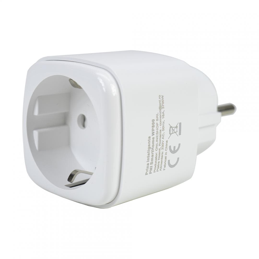 Priza inteligenta PNI SmartHome WP800 WiFi control prin internet, App Tuya Smart, compatibila cu Amazon Alexa si Google Home, masoara consumul de energie, Tensiune alimentare: 230V, Sarcina maxima: 3700 W, Distanta transmisie, 50 m exterior, interior 30 m, Dimensiuni: 87 X 50 X 50 mm — miniatură