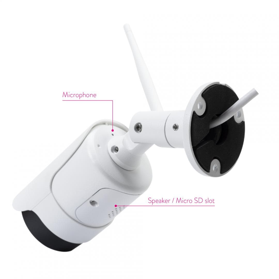 Camera supraveghere video PNI House IP52LR 2MP 1080P wireless cu IP de exterior si interior si slot microSD, mod noapte, Senzor imagine: CMOS 1/2.8", lentila: 3.6mm, Unghi de vizualizare: 80°, Compresie imagine: H.264, 30 FPS, Microfon integrat, Difuzor integrat, wireless: 2.4 Ghz 802.11b/g/n — miniatură