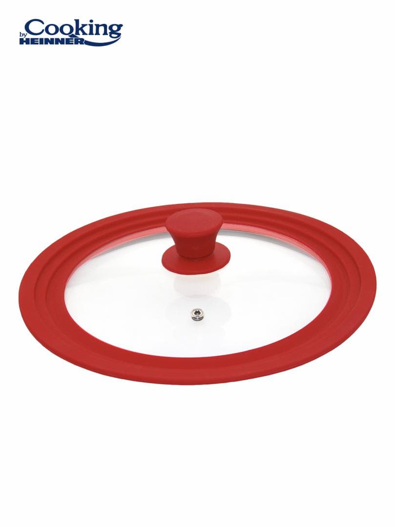 CAPAC STICLA CU MARGINE DIN SILICON AJUSTABILA PE 3 DIMENSIUNI 22/24/26 CM, COOKING BY HEINNER (mix 2 culori in bax, 3 rosii + 3 gri) — miniatură
