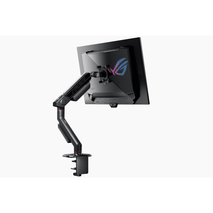 ASUS AAS01 – ROG Ergo Arm. Mounting: Clamp, Maximum weight capacity: 11.5 kg, Maximum screen size: 86.4 cm (34"), Minimum VESA mount: 100 x 100 mm, Maximum VESA mount: 100 x 100 mm. Height adjustment, Swivel angle range: -90 - 90°, Tilt angle range: -25 - 80°. Product colour: Black — miniatură