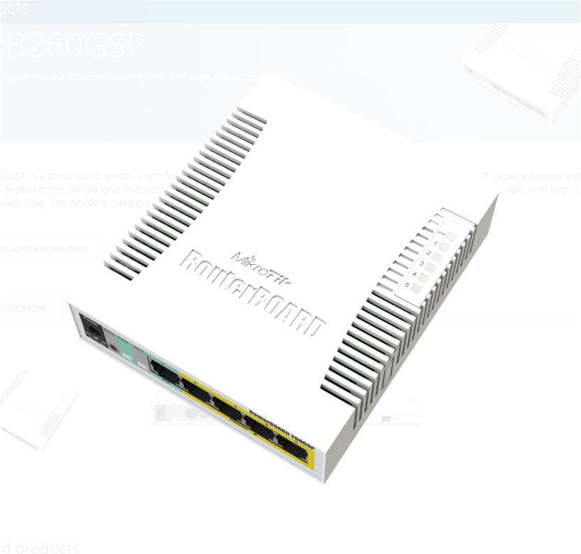MIKROTIK SMALL SOHO SWITCH RB260GSP CSS106-1G-4P-1S, 5 X GIGABIT POE, Dimensiuni: 113x139x28mm, Sistem operare: MikroTik SwOS, 128Kb Flash, Consum maxim: 53W, Porturi POE:2-5, Passive POE, 5 x 10/100/1000, 1 x SFP.