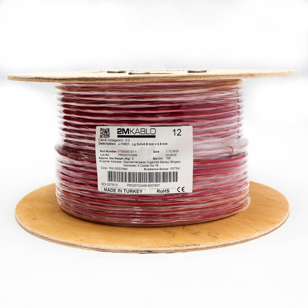 "Cablu incendiu JY(St)Y...Lg 2x2x0.8 mm + 0.8 mmproducator 2M Kablo, 3T00000121-1-100Diametru fir : 0.8mmConductor torsadati in perechi infasurate in banda PET, ecranaj Al/PET, cupru 100%Culori fire: VDE 0815Manta: PVC, culoare RAL3000-rosuAmbalare: tambur 100 metriOperatingVoltage — miniatură