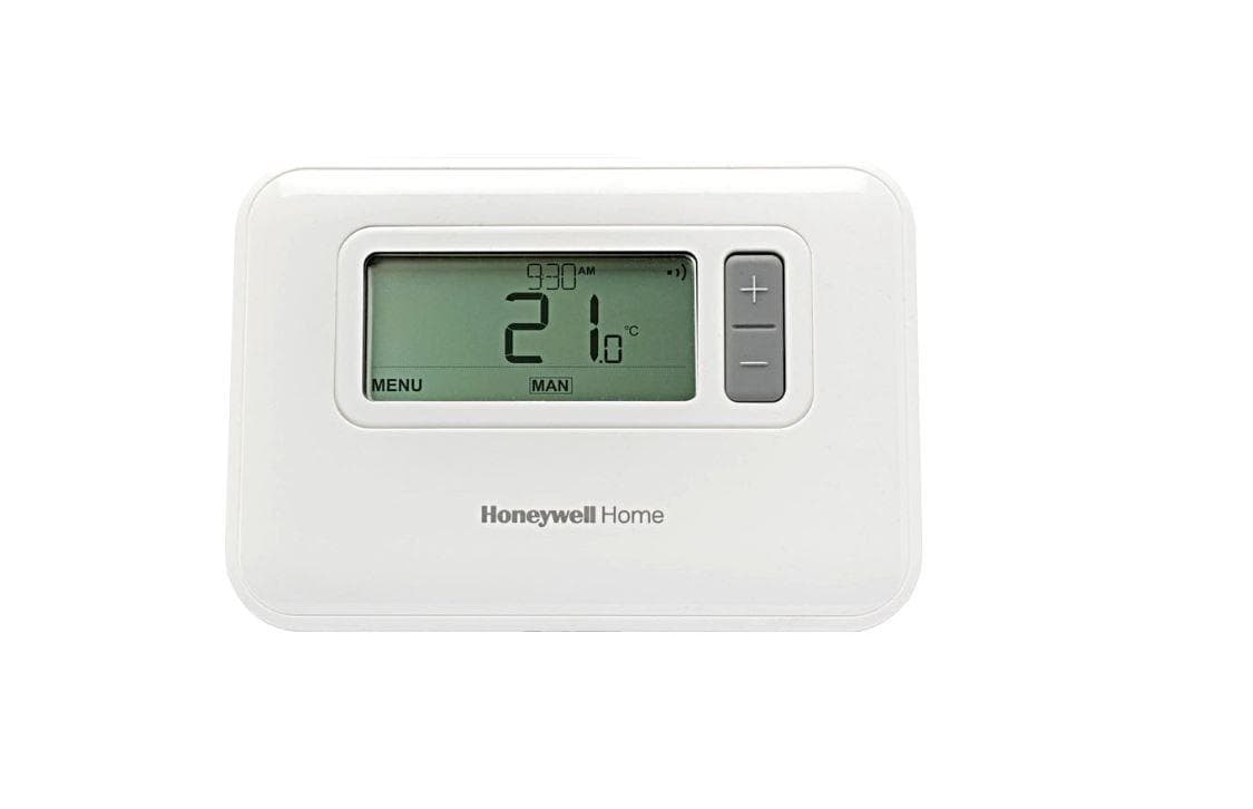 Termostat de ambient pentru centrala, cu fir, Honeywell T3, programabil, digital,Afisaj LCD Specificatii tehnice Utilizare:Pentru centrale termice Tehnologie: Digital Model termostat: cu fir Temperatura minima programabila: 5°C Temperatura maxima programabila: 35°C Alimentare: Baterii, 2xAA — miniatură