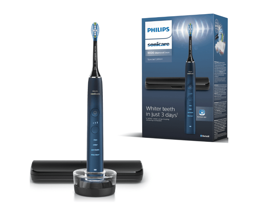 Periuta de dinti electrica Philips Sonicare DiamondClean 9000 HX9911/88, 62000 miscari/min, 4 moduri de curatare, 3 nivele intensitate, senzor presiune, functia BrushSync, aplicatie Sonicare, wireless Bluetooth, toc transport, baza de incarcare, Acvamarin