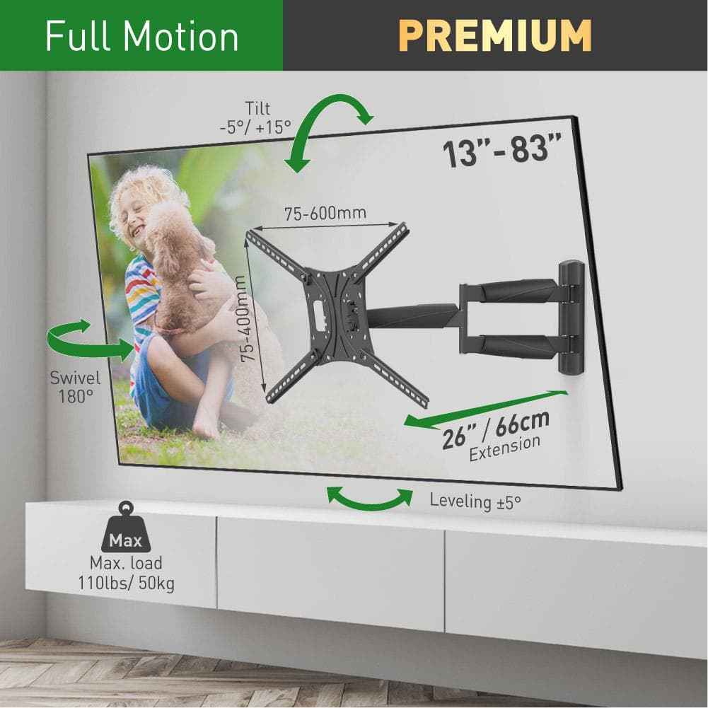 Suport TV plat/curbat de perete cu 2 brate Barkan BM443LP, 13"- 83", Max 50kg, VESA 600x400, negru — miniatură
