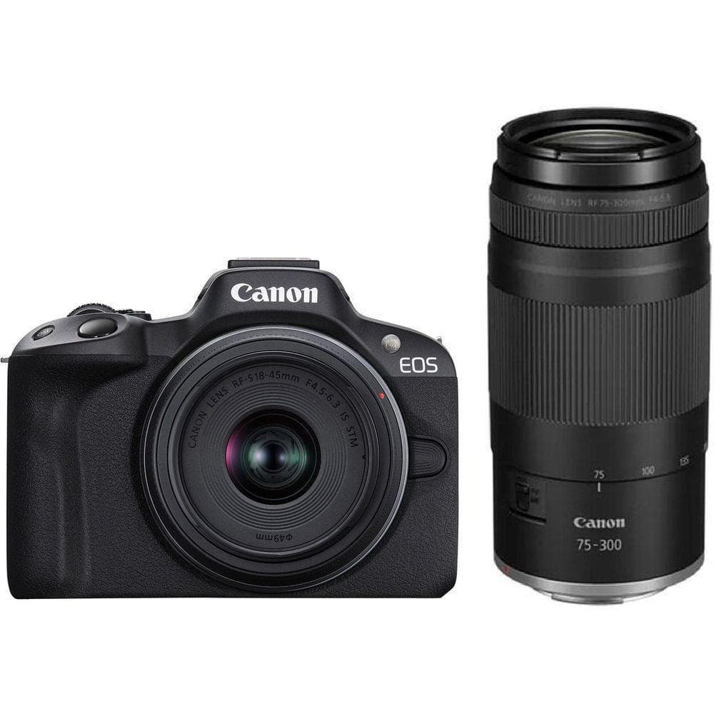 Aparat foto Canon Eos R50 BLACK KIT + Obiectiv RF-S 18-45 + RF-S 75-300mm F4-5.6, mirrorless, 24.2 Megapixeli, Procesor Digic X, Montura RF, Senzor APS-C 22.3 x 14.9mm, Aspect 3:2, Focalizare: Dual Pixel CMOS AF II, 100 % pe orizontală şi 100 % pe verticală (selectare automată), 90 % pe orizontală