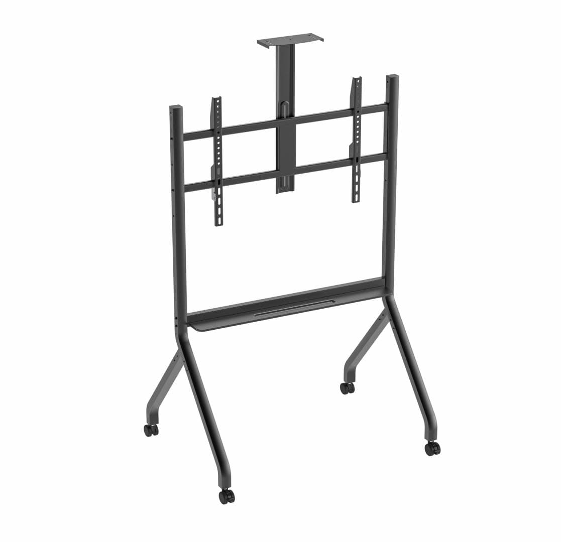 Stand TV mobil Serioux TV213CA, dimensiuni: 1050x755x2320mm, compatibilitate Max Vesa: 900x600mm, compatibilitate TV: 55"-100", greutate maximă suportata: 120 kg, baza cu 4 roti, raft multifunctional, negru