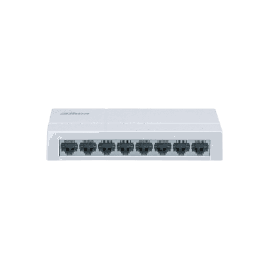 Switch Dahua 8 porturi Unmanaged, PFS3008-8ET-L, Interfata: 8 x 10/100 Mbps, Capacitate: 1.6 Gbit, Packet Forwarding Rate: 1.1904 MPPS, Greutate: 160g, Dimensiuni: 132.9 mm × 62.4 mm × 24.0 mm, Material carcasa: plastic.