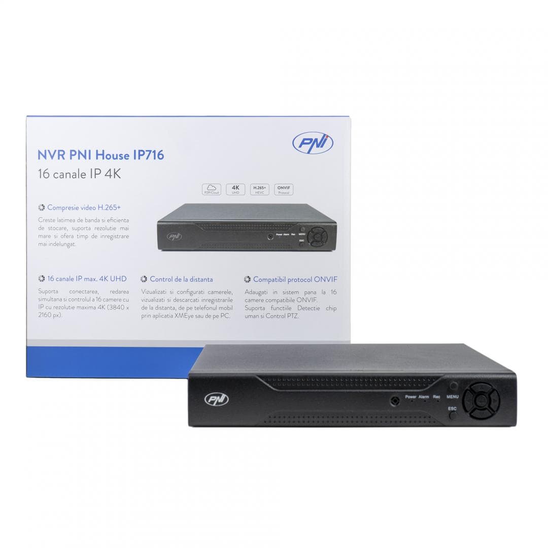 NVR PNI House IP716, 16 canale IP 4K, H.265, ONVIF PNI-IP716, Vizualizare pe mobil și PC: Android, iOS, Windows, 16 canale IP x 4K, RJ45 - 10/100 Mbps, Iesire audio: 1 x 3.5mm, Iesire video: VGA, HDMI, 2 x USB 2.0, Dimensiuni: 255 x 210 x 45 mm — miniatură