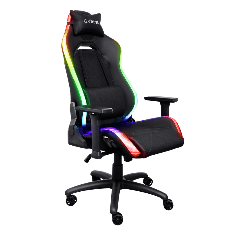 Scaun gaming Trust GXT 719 Ruya, iluminare RGB, 5 roti, ridicare pe gaz clasa 4, adjustabil pe inaltime, material piele PU si plastic, greutate maxima suportata 150 kg, negru