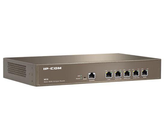 IP-COM M50 Mutti-WAN Hotspot Router, Procesor: 800Mhz Dual Core, Dimensiuni: 440*285*44(mm) 512 Mb RAM, 128 Mb Flash, Interfata: 5*GE(1~4 WAN/ 4~1 LAN), 1*RJ45 Console, capacitate maxima utilizatori: 200, Smart Bandwith Control, Tip Conexiune: PPPoE/DHCP/Static IP.