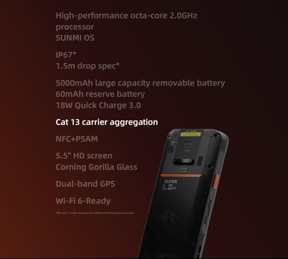 SUNMI MOBILE T8911 L2H - Handheld Wireless Terminal, Android 11, 4GB + 64GB, 16MP rear + 5MP front cameras, 2D Scanner, Fingerprint, GMS — miniatură